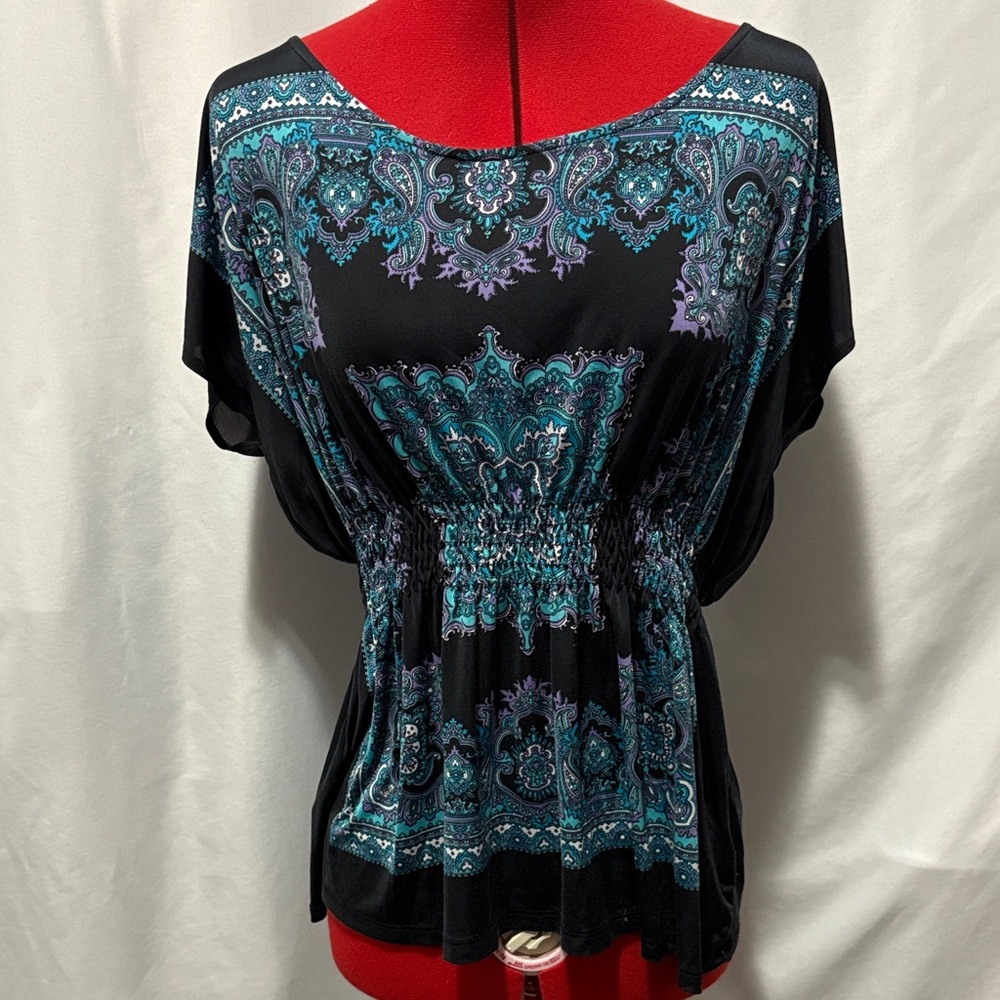 Heart Soul Black and Teal Paisley Blouse LL57